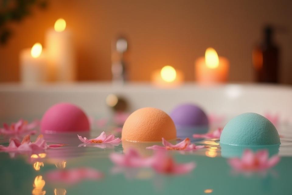 Relaxing bath scene with bath bombs and flowers